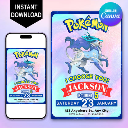 Suicune Invitation Template | Pokemon Birthday Invite - CreativeRino