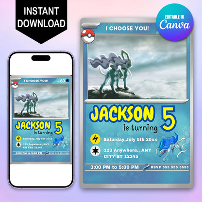 Suicune Invitation Template | Pokemon Card Birthday Invite - CreativeRino