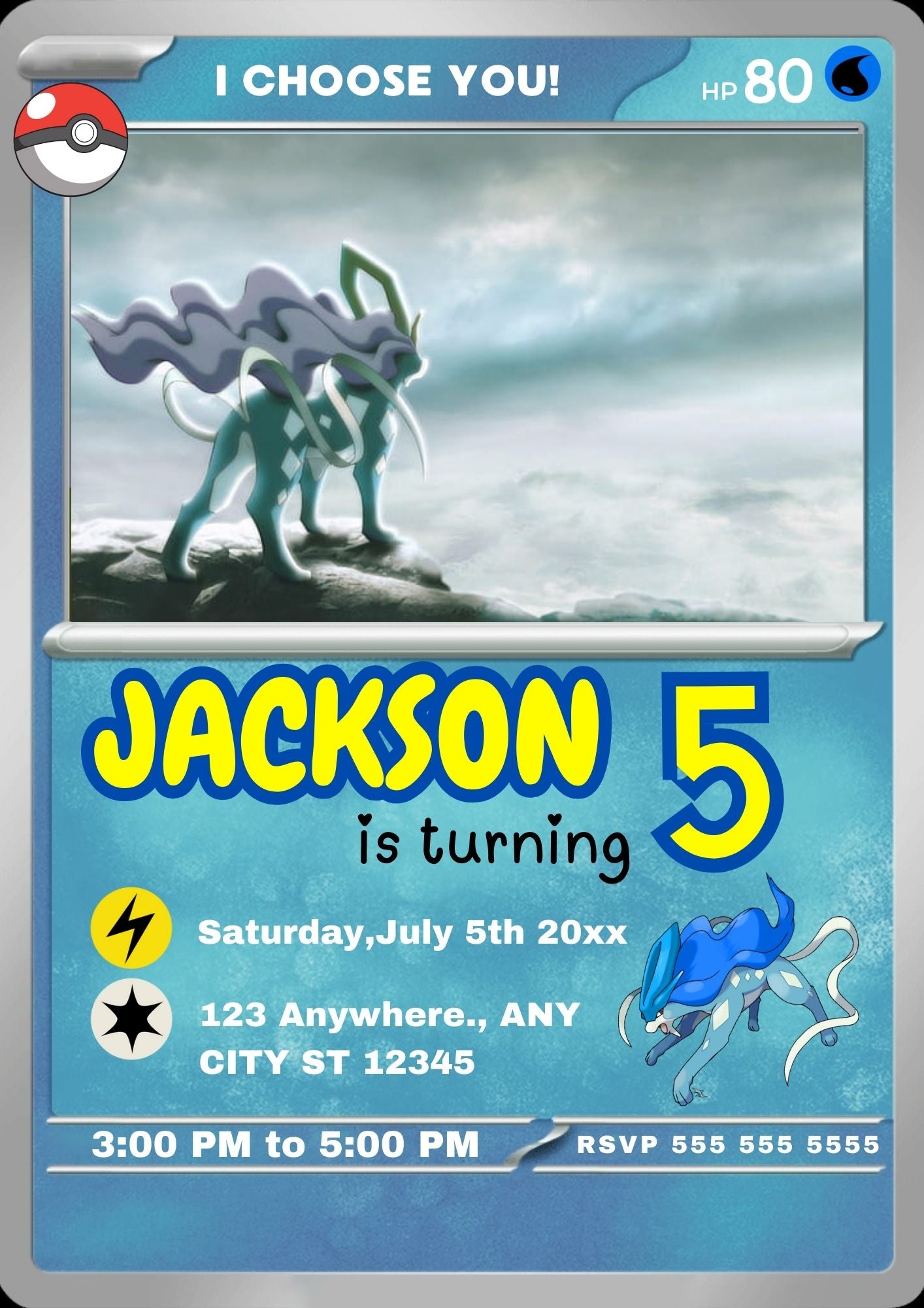 Suicune Invitation Template | Pokemon Card Birthday Invite - CreativeRino