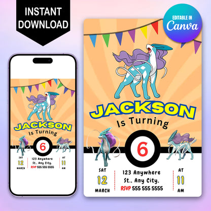 Suicune Pokemon Birthday Party Invitation Template - CreativeRino