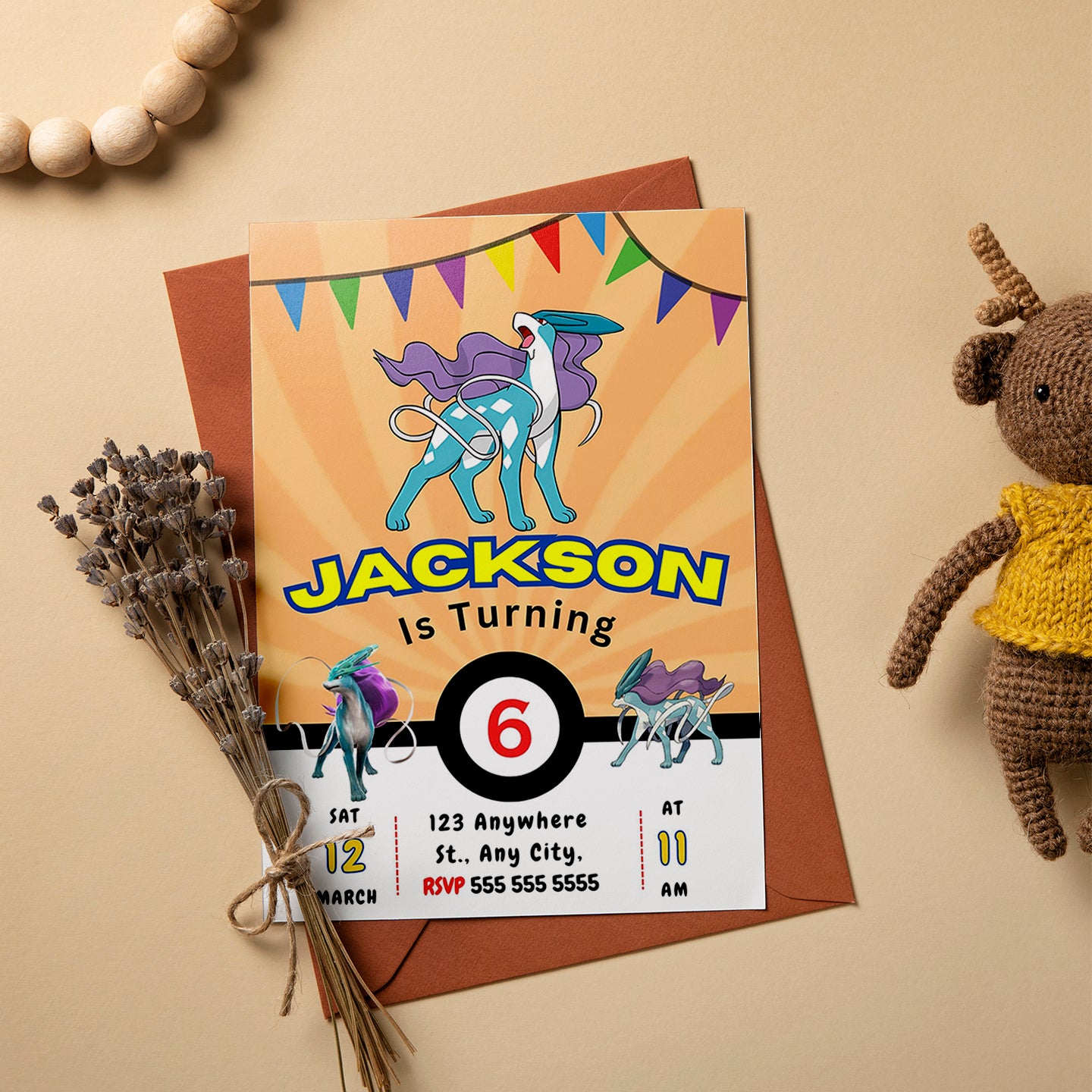 Suicune Pokemon Birthday Party Invitation Template - CreativeRino