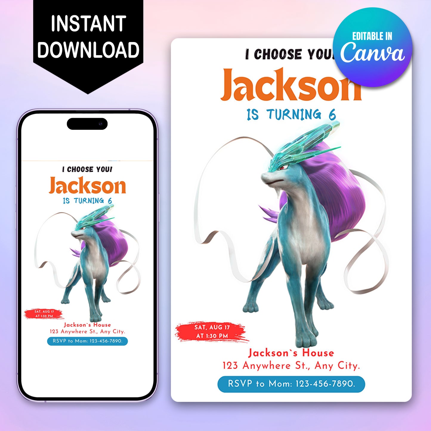 Suicune Birthday Party Invitation Template | Pokemon Invite - CreativeRino