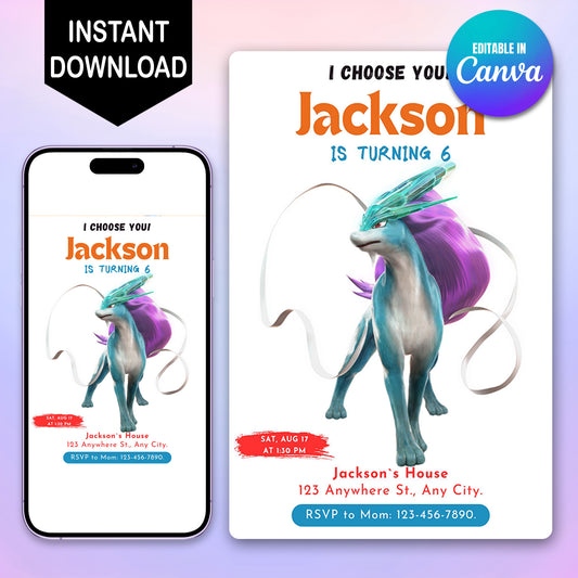 Suicune Birthday Party Invitation Template | Pokemon Invite - CreativeRino