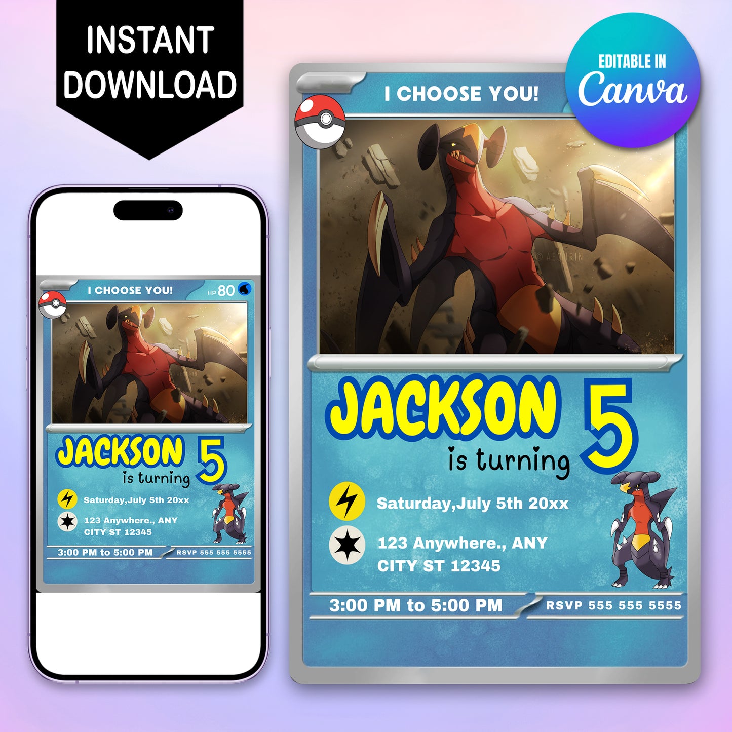 Garchomp Invitation Template | Pokemon Card Birthday Invite - CreativeRino