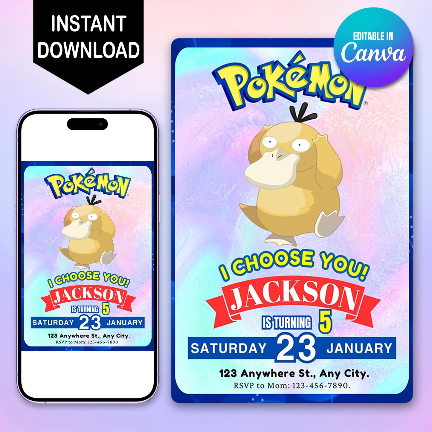 Psyduck Invitation Template | Pokemon Birthday Invite - CreativeRino