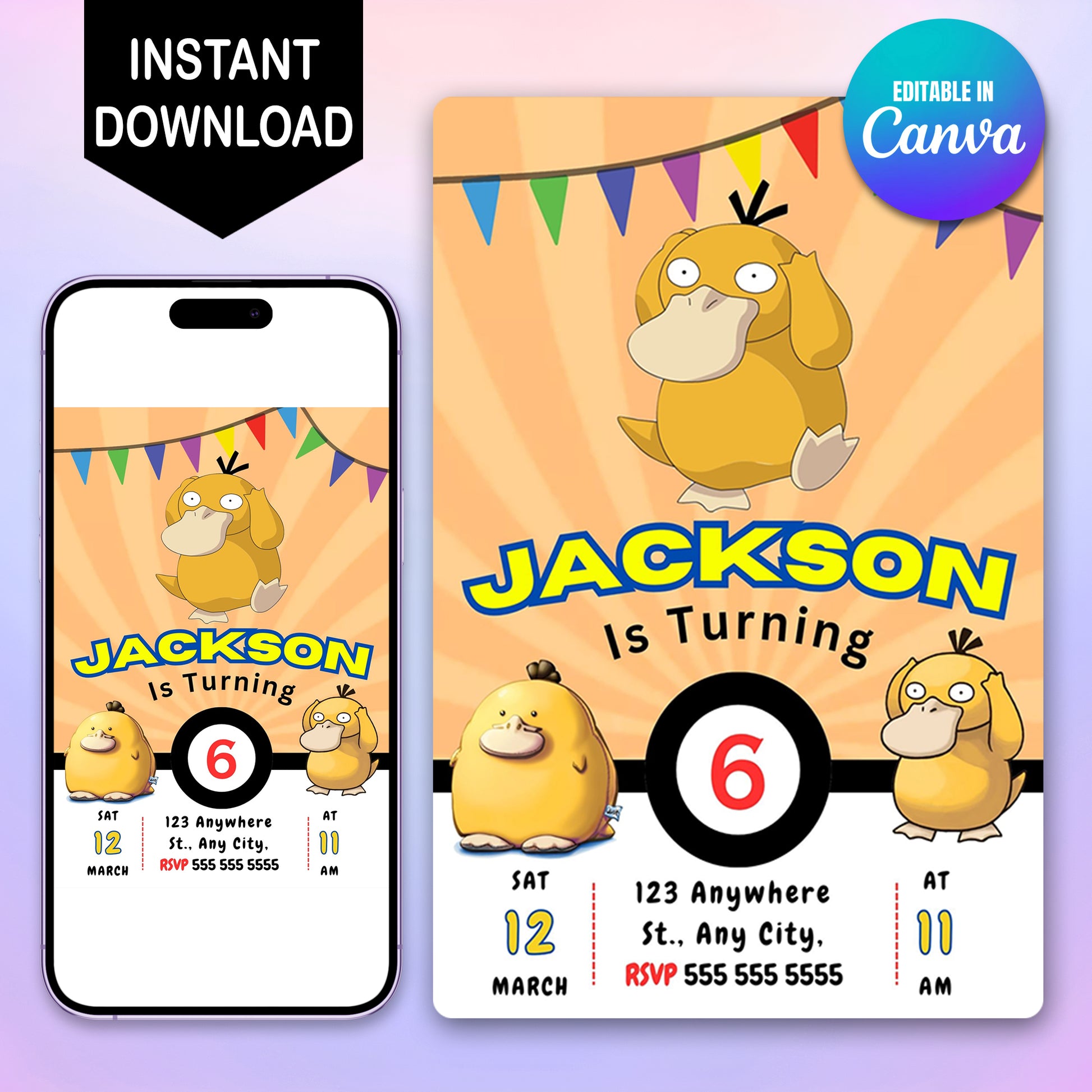Psyduck Pokemon Birthday Party Invitation Template - CreativeRino