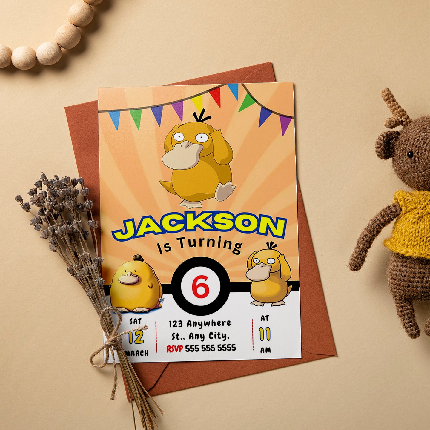 Psyduck Pokemon Birthday Party Invitation Template - CreativeRino
