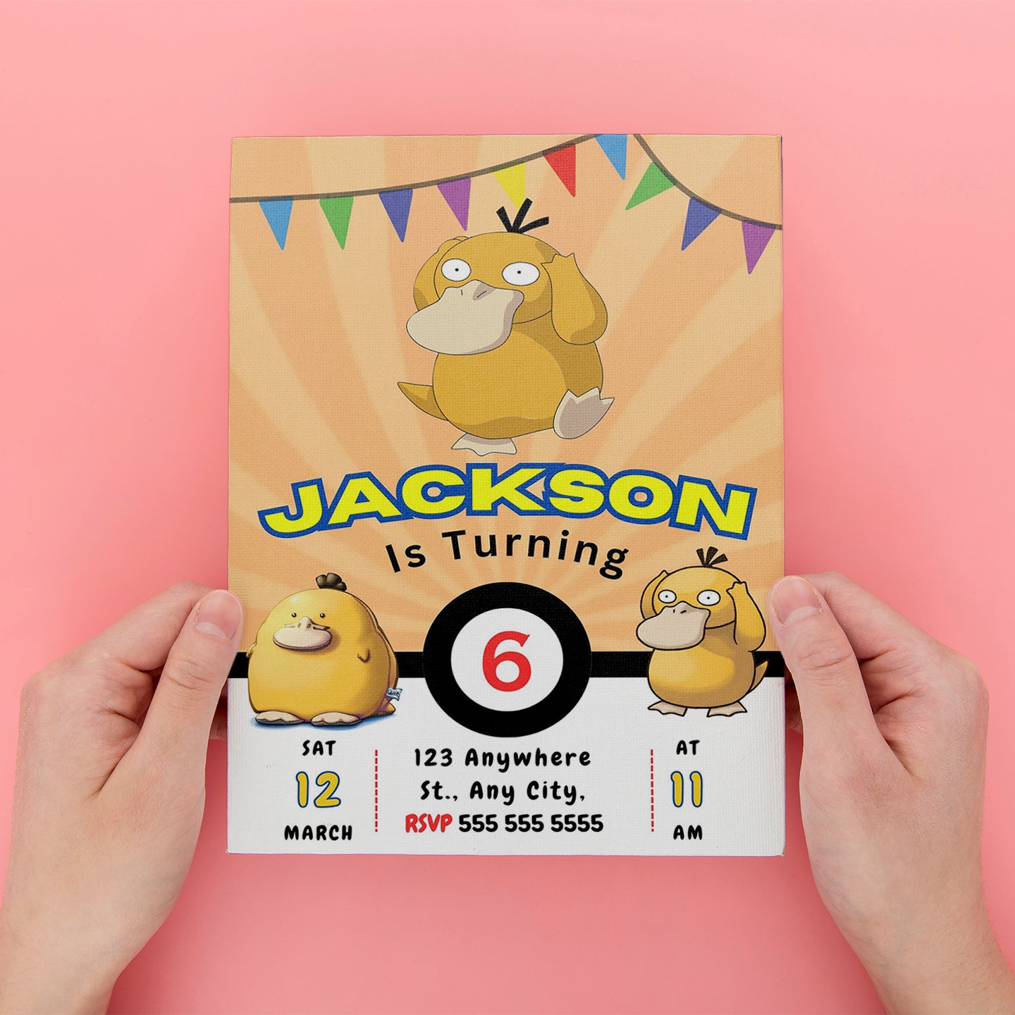 Psyduck Pokemon Birthday Party Invitation Template - CreativeRino