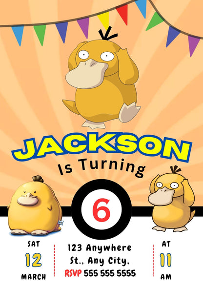 Psyduck Pokemon Birthday Party Invitation Template - CreativeRino