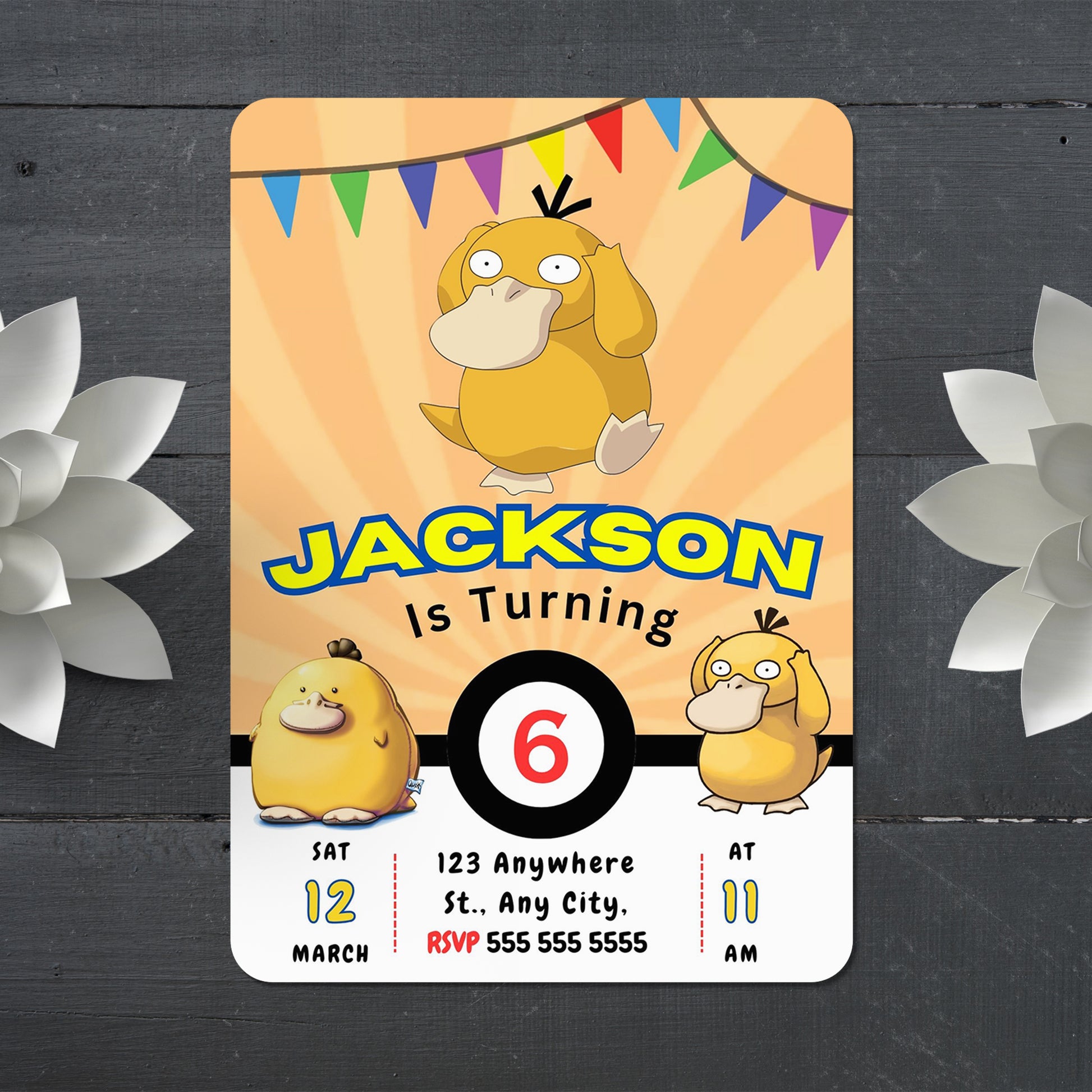 Psyduck Pokemon Birthday Party Invitation Template - CreativeRino