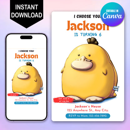 Psyduck Birthday Party Invitation Template | Pokemon Invite - CreativeRino