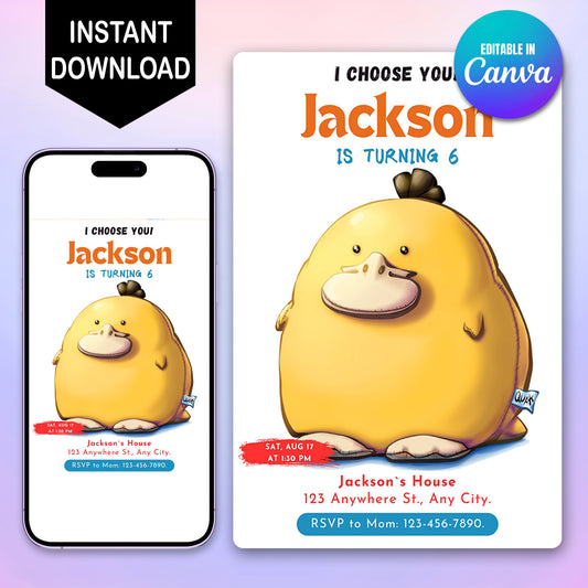 Psyduck Birthday Party Invitation Template | Pokemon Invite - CreativeRino