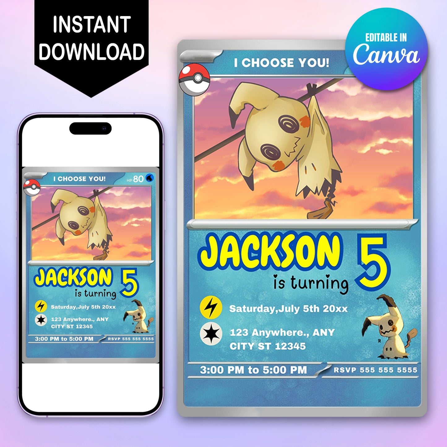 Mimikyu Invitation Template | Pokemon Card Birthday Invite - CreativeRino