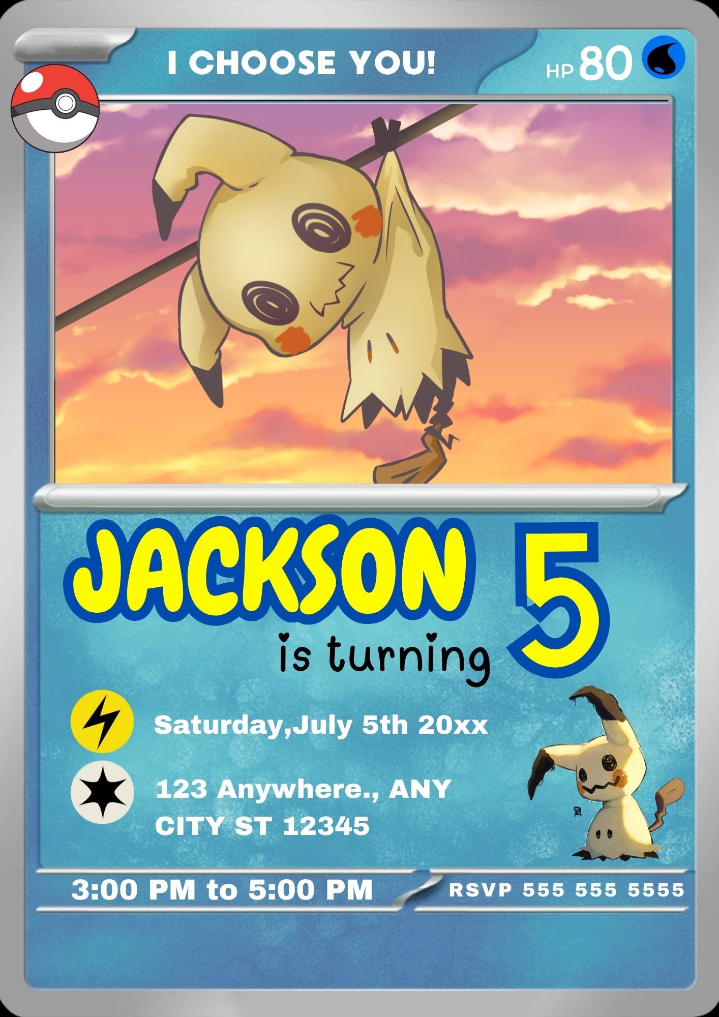 Mimikyu Invitation Template | Pokemon Card Birthday Invite - CreativeRino