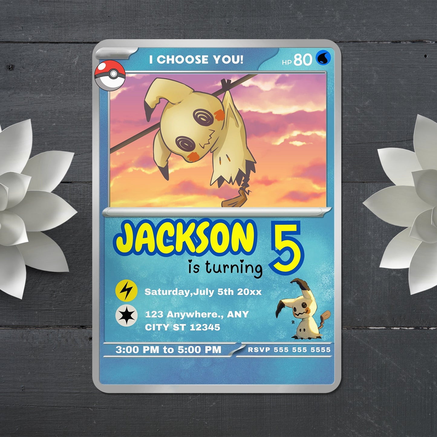Mimikyu Invitation Template | Pokemon Card Birthday Invite - CreativeRino