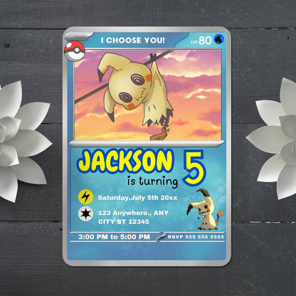 Mimikyu Invitation Template | Pokemon Card Birthday Invite - CreativeRino