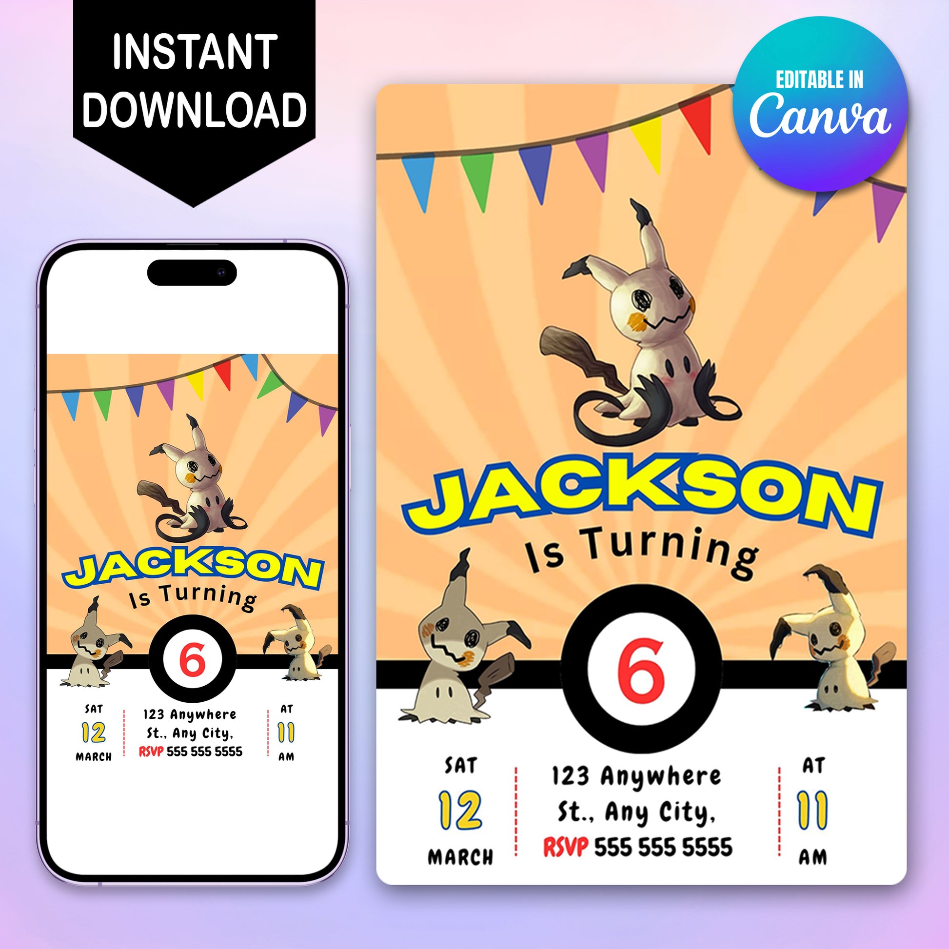 Mimikyu Pokemon Birthday Party Invitation Template - CreativeRino