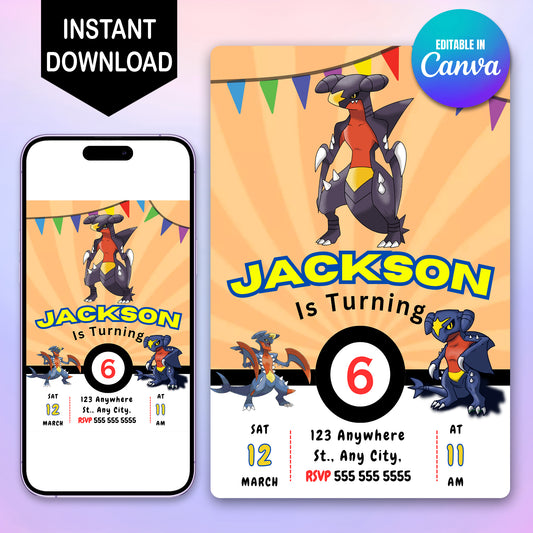 Garchomp Pokemon Birthday Party Invitation Template - CreativeRino