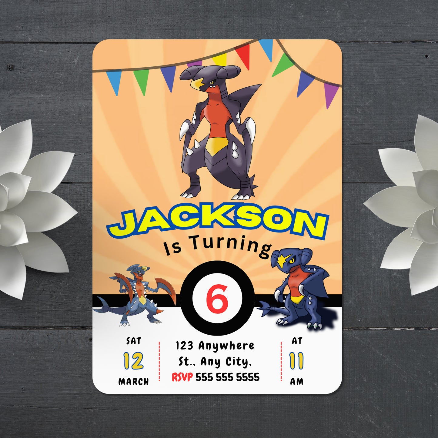 Garchomp Pokemon Birthday Party Invitation Template - CreativeRino