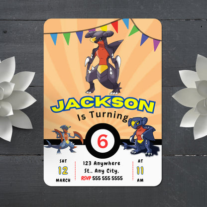 Garchomp Pokemon Birthday Party Invitation Template - CreativeRino