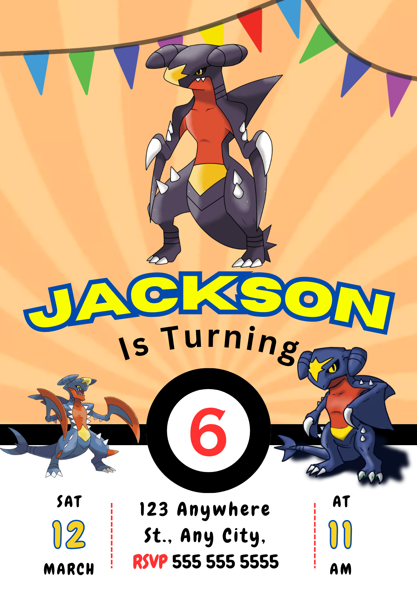 Garchomp Pokemon Birthday Party Invitation Template - CreativeRino
