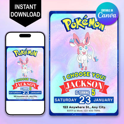 Sylveon Invitation Template | Pokemon Birthday Invite - CreativeRino