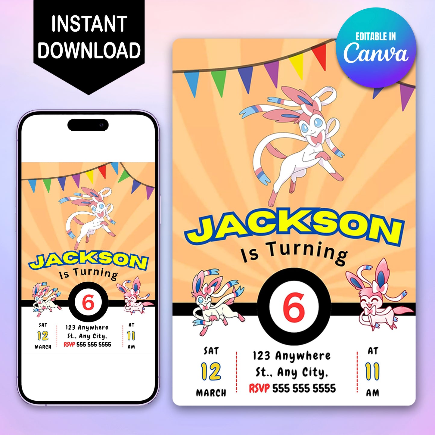 Sylveon Pokemon Birthday Party Invitation Template - CreativeRino