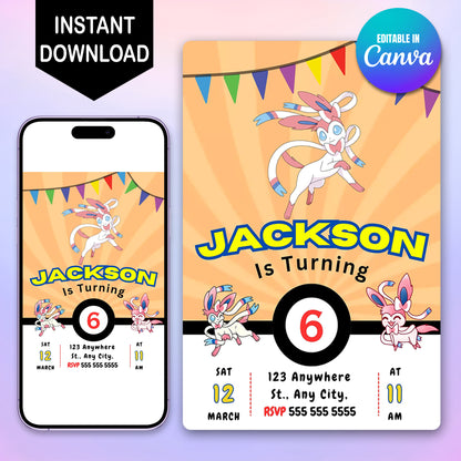Sylveon Pokemon Birthday Party Invitation Template - CreativeRino