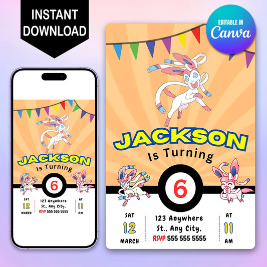 Sylveon Pokemon Birthday Party Invitation Template - CreativeRino