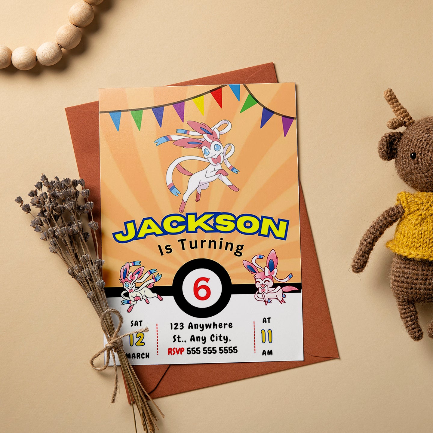 Sylveon Pokemon Birthday Party Invitation Template - CreativeRino