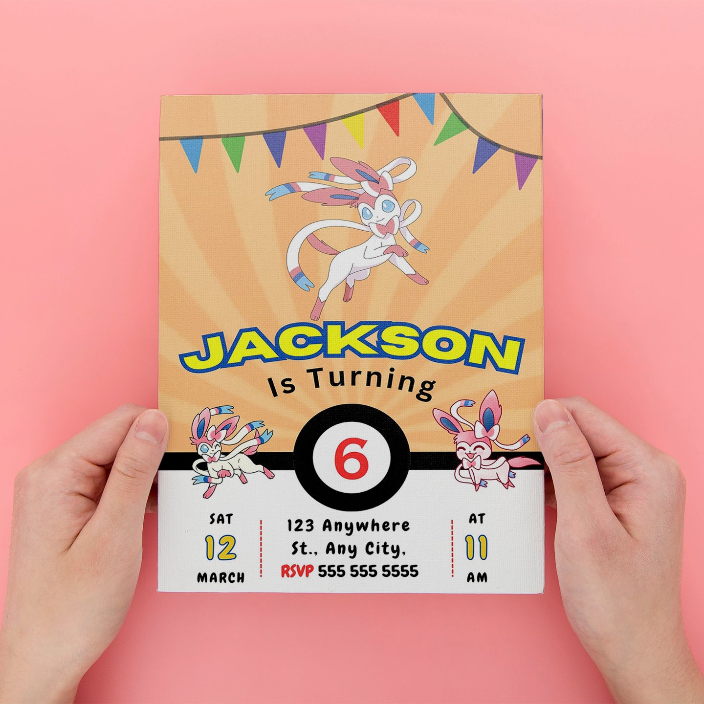 Sylveon Pokemon Birthday Party Invitation Template - CreativeRino