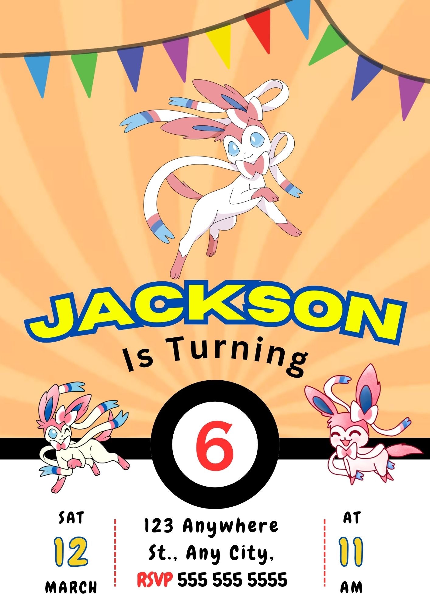 Sylveon Pokemon Birthday Party Invitation Template - CreativeRino