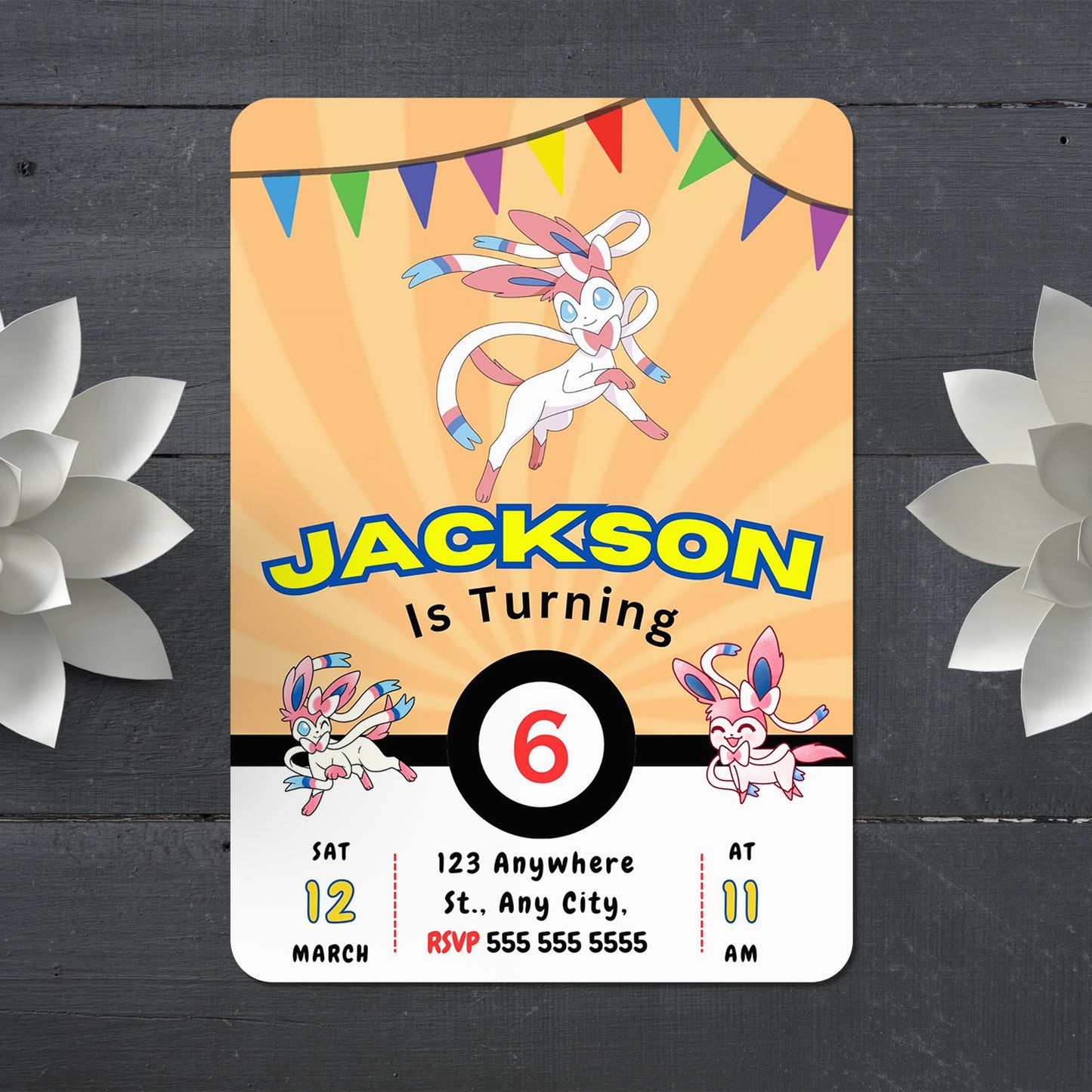 Sylveon Pokemon Birthday Party Invitation Template - CreativeRino