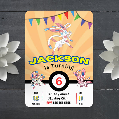 Sylveon Pokemon Birthday Party Invitation Template - CreativeRino