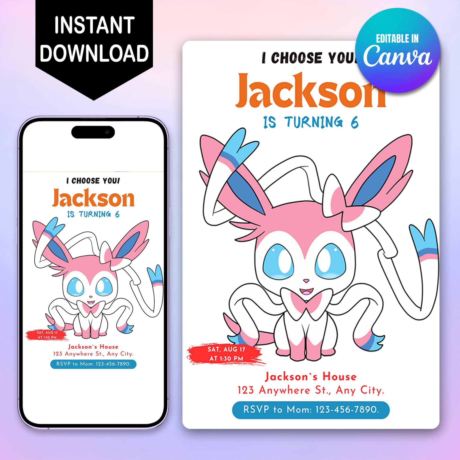 Sylveon Birthday Party Invitation Template | Pokemon Invite - CreativeRino