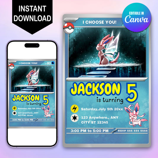 Sylveon Invitation Template | Pokemon Card Birthday Invite - CreativeRino