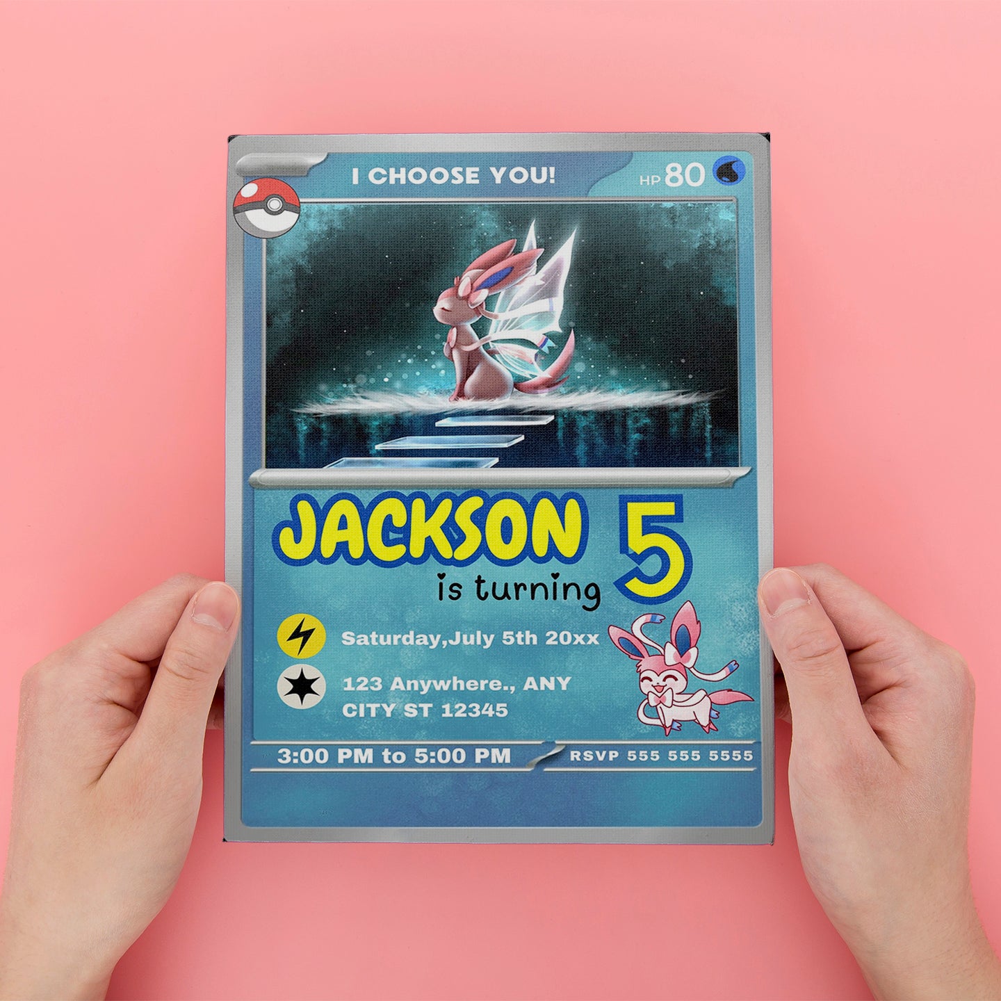 Sylveon Invitation Template | Pokemon Card Birthday Invite - CreativeRino