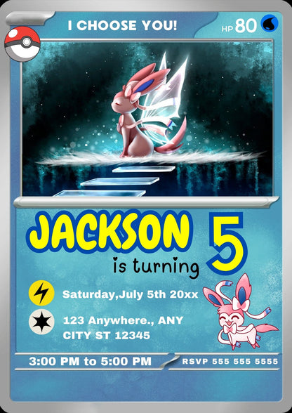 Sylveon Invitation Template | Pokemon Card Birthday Invite - CreativeRino