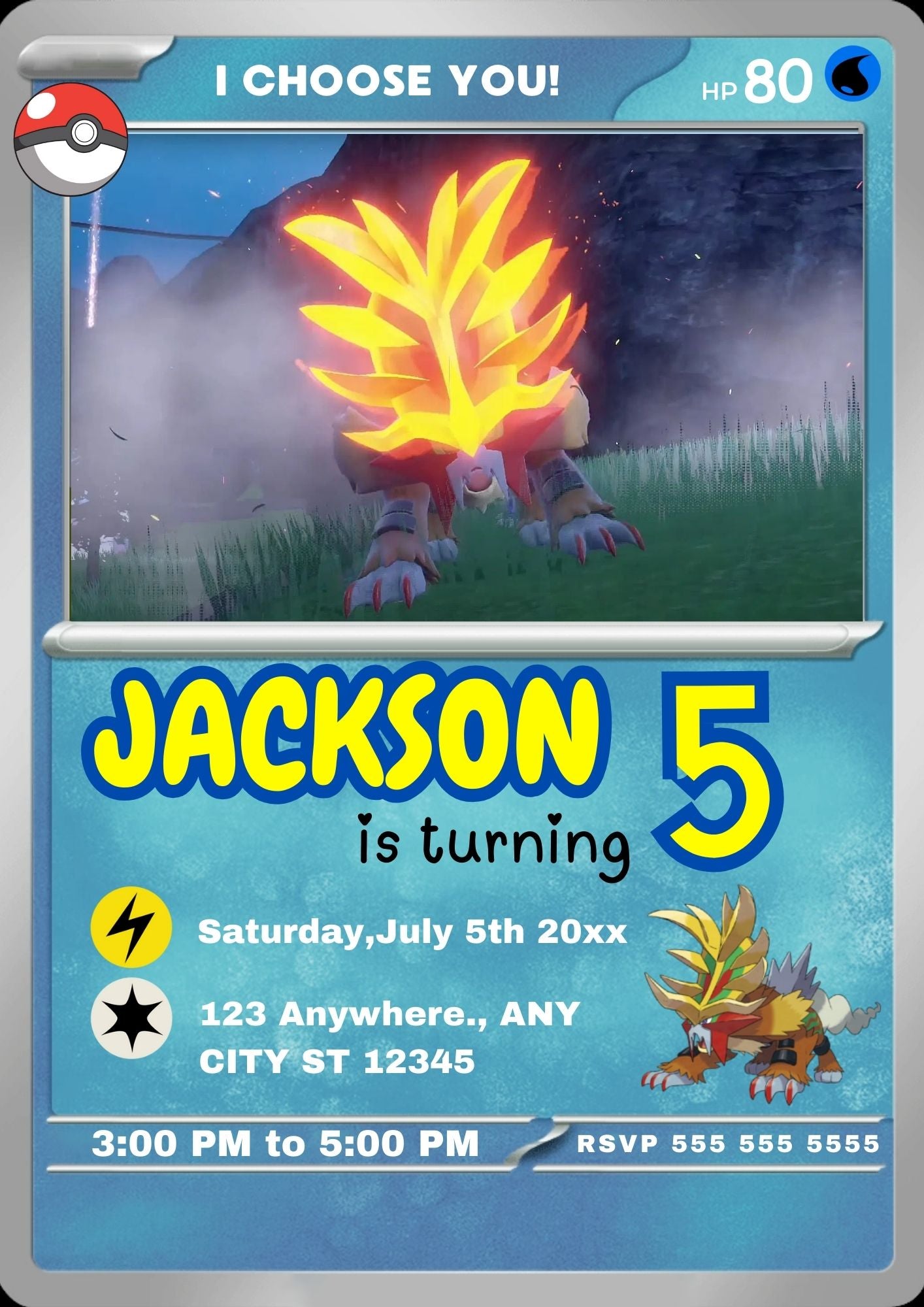Gouging Fire Invitation Template | Pokemon Card Birthday Invite - CreativeRino