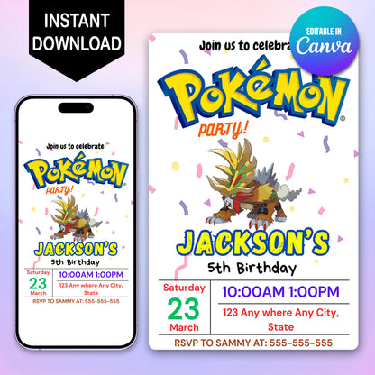Gouging Fire Birthday Invitation Template | Pokemon Invite - CreativeRino