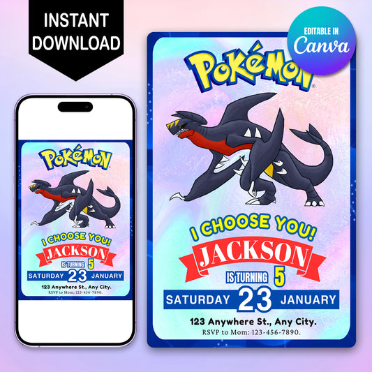 Garchomp Invitation Template | Pokemon Birthday Invite - CreativeRino