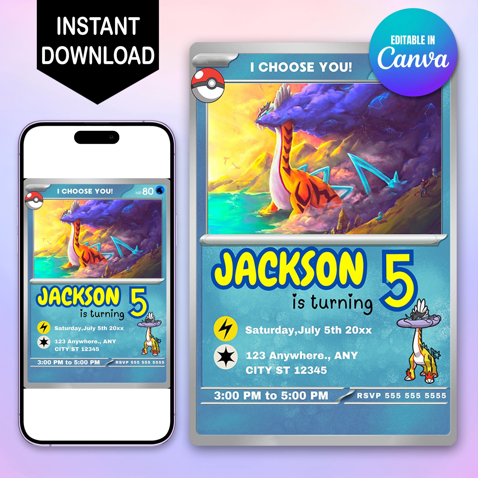Raging Bolt Invitation Template | Pokemon Card Birthday Invite - CreativeRino