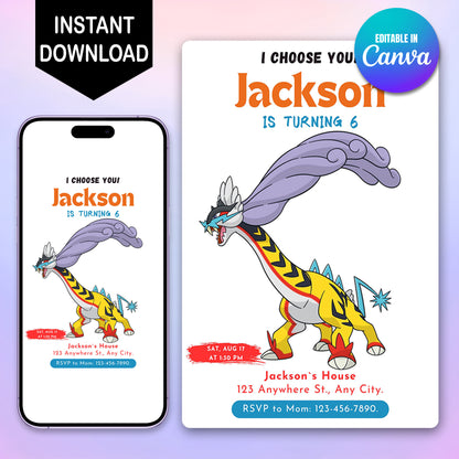 Raging Bolt Birthday Party Invitation Template | Pokemon Invite - CreativeRino