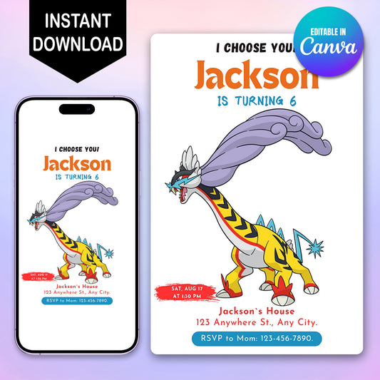 Raging Bolt Birthday Party Invitation Template | Pokemon Invite - CreativeRino