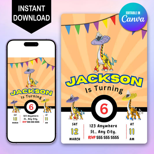 Raging Bolt Pokemon Birthday Party Invitation Template - CreativeRino