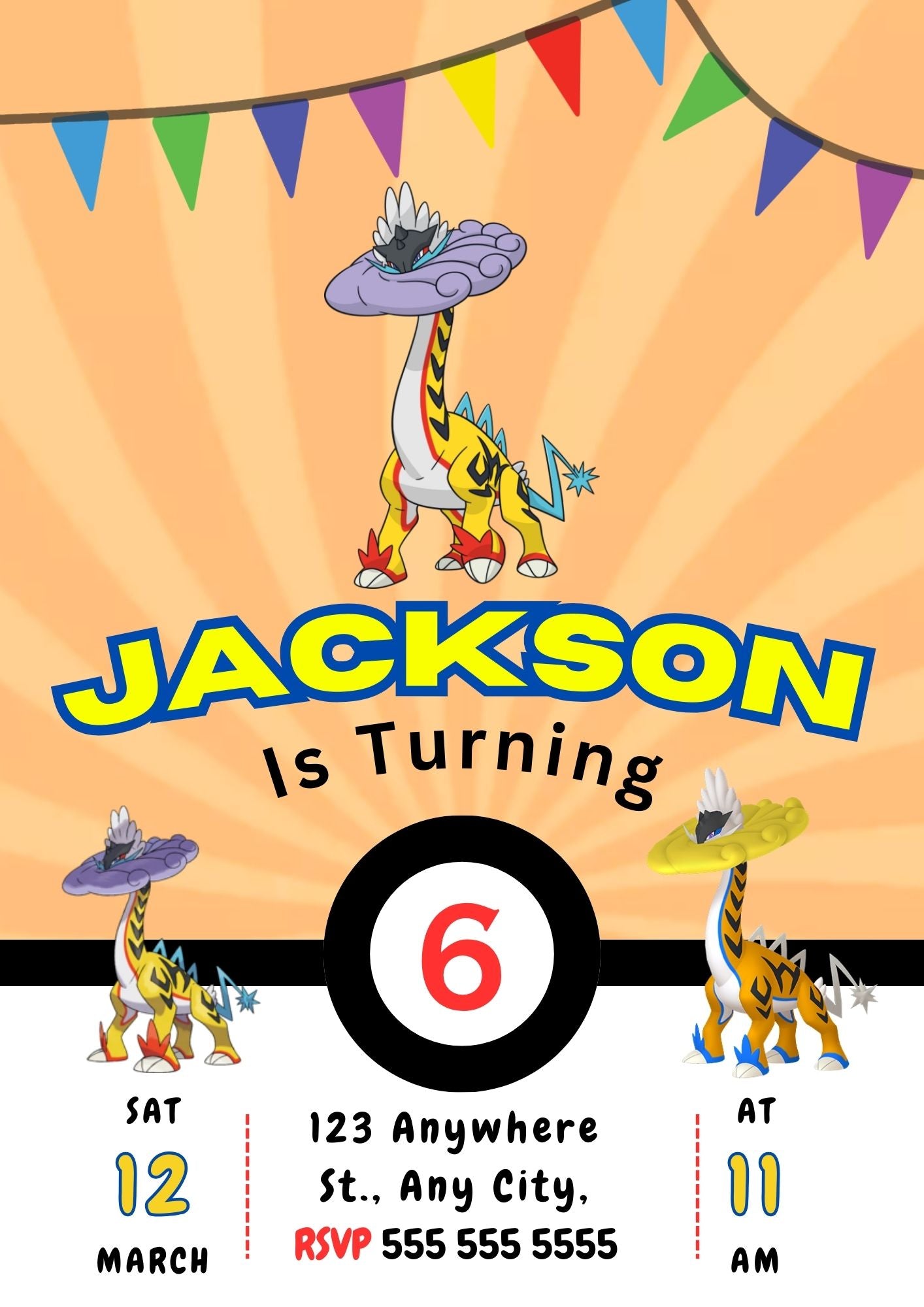 Raging Bolt Pokemon Birthday Party Invitation Template - CreativeRino
