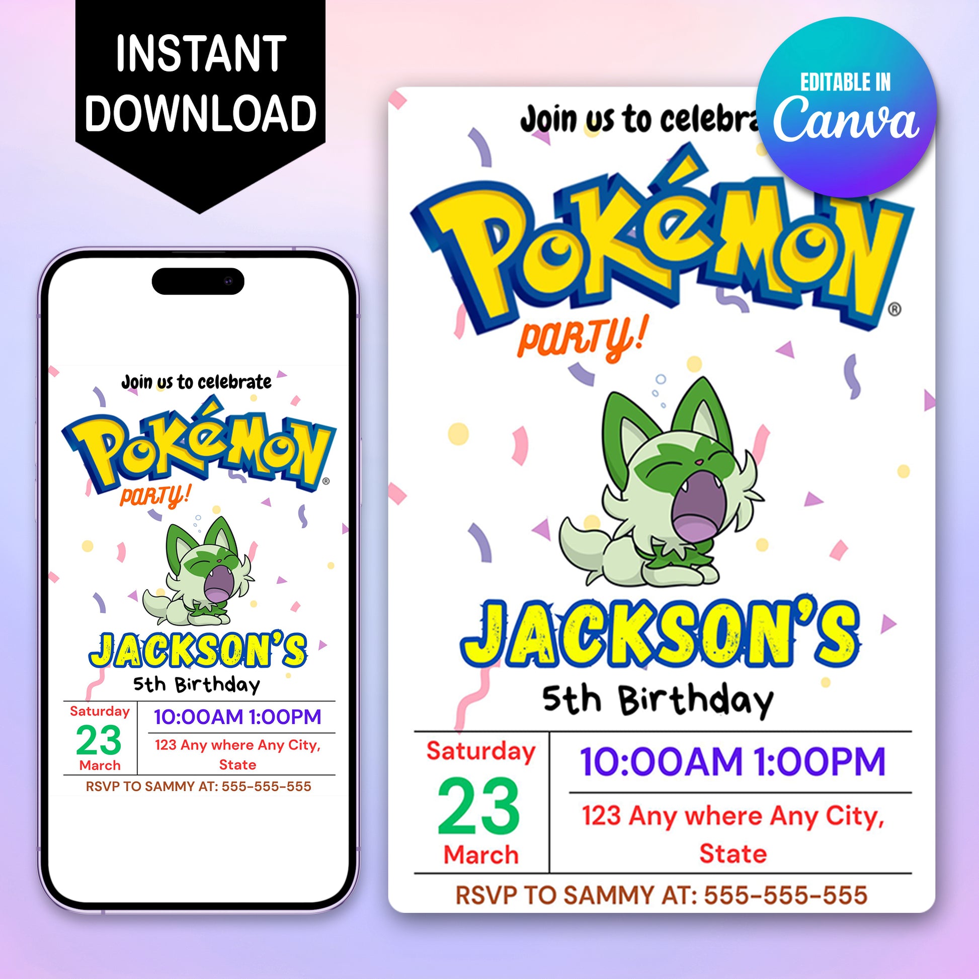 Sprigatito Birthday Invitation Template | Pokemon Invite - CreativeRino