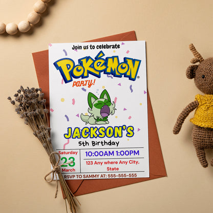 Sprigatito Birthday Invitation Template | Pokemon Invite - CreativeRino