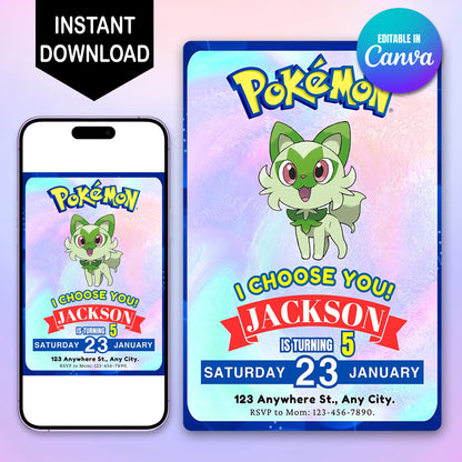 Sprigatito Invitation Template | Pokemon Birthday Invite - CreativeRino