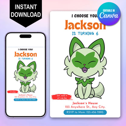 Sprigatito Birthday Party Invitation Template | Pokemon Invite - CreativeRino